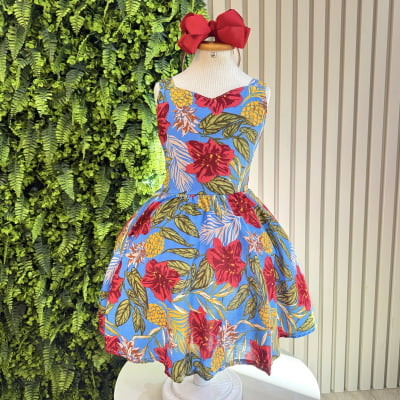 Vestido Infantil de Alça Primavera Verão Azul Colorido Casual