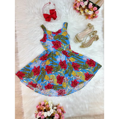 Vestido Infantil de Alça Primavera Verão Azul Colorido Casual