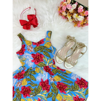 Vestido Infantil de Alça Primavera Verão Azul Colorido Casual