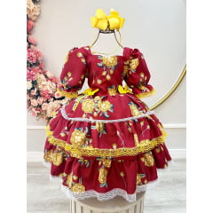 Vestido Infantil Junino Marsala Florido C/ Aplique de Laços