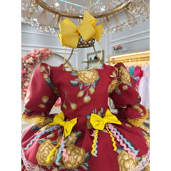 Vestido Infantil Junino Marsala Florido C/ Aplique de Laços