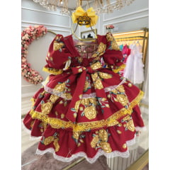 Vestido Infantil Junino Marsala Florido C/ Aplique de Laços