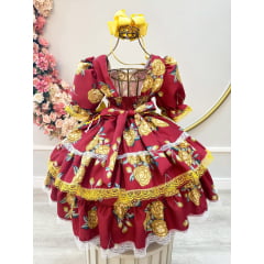 Vestido Infantil Junino Marsala Florido C/ Aplique de Laços