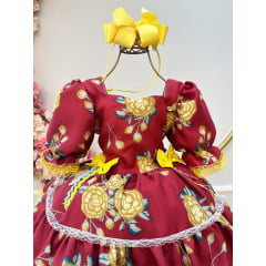 Vestido Infantil Junino Marsala Florido C/ Aplique de Laços