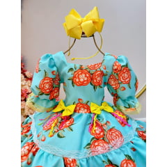 Vestido Infantil Junino Verde Florido C/ Aplique de Laços