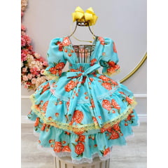 Vestido Infantil Junino Verde Florido C/ Aplique de Laços