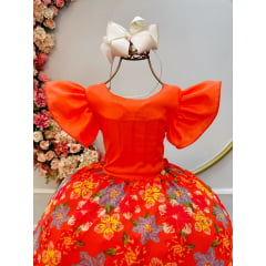 Vestido Infantil Laranja Com Saia Florida Colorida Luxo