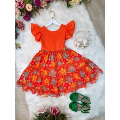 Vestido Infantil Laranja Com Saia Florida Colorida Luxo