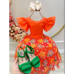 Vestido Infantil Laranja Com Saia Florida Colorida Luxo