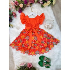 Vestido Infantil Laranja Com Saia Florida Colorida Luxo