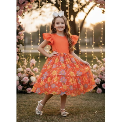 Vestido Infantil Laranja Com Saia Florida Colorida Luxo Vestido Infantil Laranja Com Saia Florida Colorida Luxo