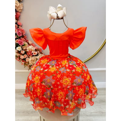 Vestido Infantil Laranja Com Saia Florida Colorida Luxo