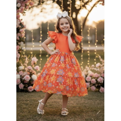 Vestido Infantil Laranja Com Saia Florida Colorida Luxo
