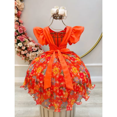 Vestido Infantil Laranja Com Saia Florida Colorida Luxo