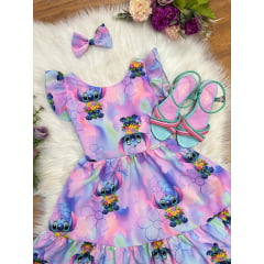 Vestido Infantil Lilo Stitch e Angel C/ Laço Lilás Colorido
