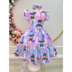 Vestido Infantil Lilo Stitch e Angel C/ Laço Lilás Colorido