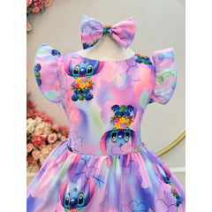 Vestido Infantil Lilo Stitch e Angel C/ Laço Lilás Colorido