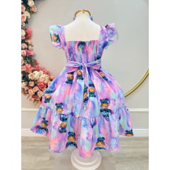 Vestido Infantil Lilo Stitch e Angel C/ Laço Lilás Colorido