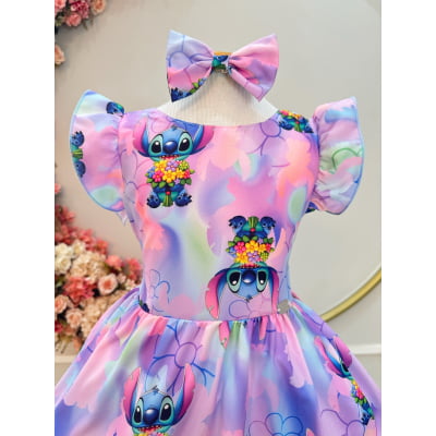 Vestido Infantil Lilo Stitch e Angel C/ Laço Lilás Colorido