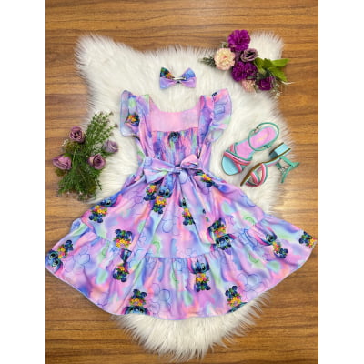Vestido Infantil Lilo Stitch e Angel C/ Laço Lilás Colorido