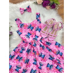 Vestido Infantil Lilo Stitch e Angel C/ Laço Rosa Colorido