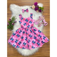 Vestido Infantil Lilo Stitch e Angel C/ Laço Rosa Colorido