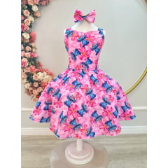 Vestido Infantil Lilo Stitch e Angel C/ Laço Rosa Colorido