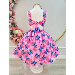 Vestido Infantil Lilo Stitch e Angel C/ Laço Rosa Colorido