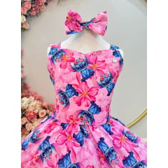 Vestido Infantil Lilo Stitch e Angel C/ Laço Rosa Colorido