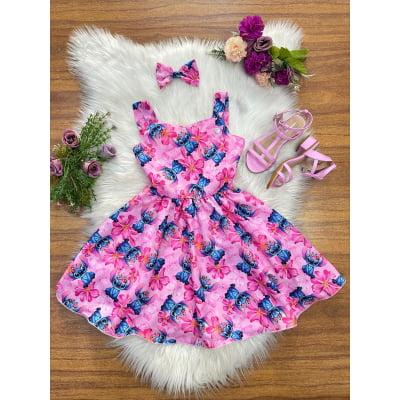 Vestido Infantil Lilo Stitch e Angel C/ Laço Rosa Colorido
