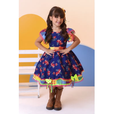 Vestido Infantil Luxo Junino Arraiá Azul Florido Colorido