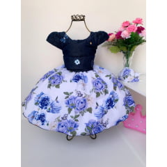 Vestido Infantil Peito Jeans Saia Azul Floral Luxo Princesas