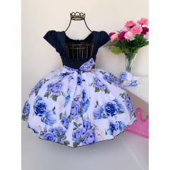 Vestido Infantil Peito Jeans Saia Azul Floral Luxo Princesas