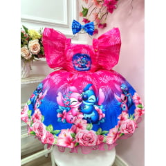 Vestido Infantil Pink  Azul Lilo Stitch e Angel C/ Laço Festas