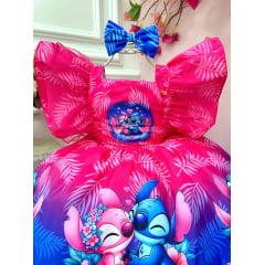 Vestido Infantil Pink  Azul Lilo Stitch e Angel C/ Laço Festas