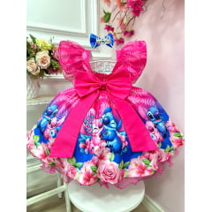 Vestido Infantil Pink  Azul Lilo Stitch e Angel C/ Laço Festas