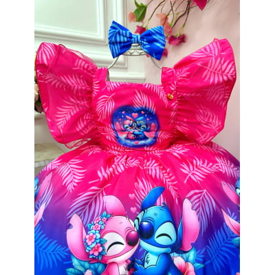 Vestido Infantil Pink  Azul Lilo Stitch e Angel C/ Laço Festas
