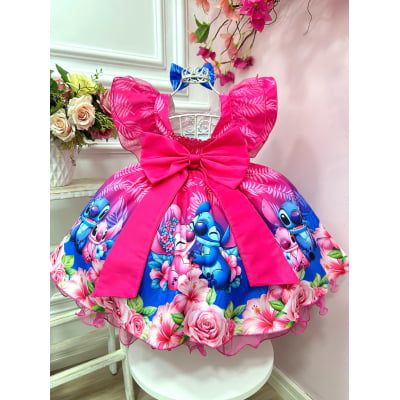 Vestido Infantil Pink  Azul Lilo Stitch e Angel C/ Laço Festas