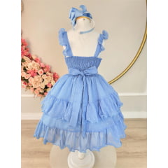 Vestido Infantil Primavera Verão Azul Celeste Saia C/ Babado