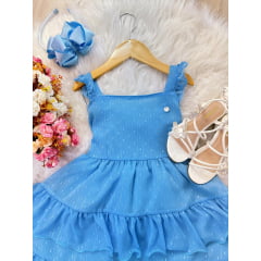 Vestido Infantil Primavera Verão Azul Celeste Saia C/ Babado
