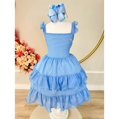 Vestido Infantil Primavera Verão Azul Celeste Saia C/ Babado