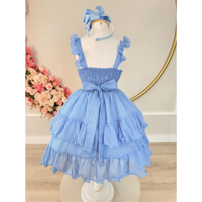Vestido Infantil Primavera Verão Azul Celeste Saia C/ Babado