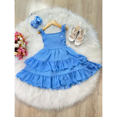 Vestido Infantil Primavera Verão Azul Celeste Saia C/ Babado