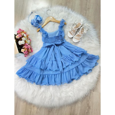 Vestido Infantil Primavera Verão Azul Celeste Saia C/ Babado