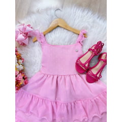 Vestido Infantil Primavera Verão Rosa Bebê Saia C/ Babado