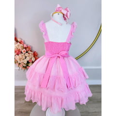 Vestido Infantil Primavera Verão Rosa Bebê Saia C/ Babado