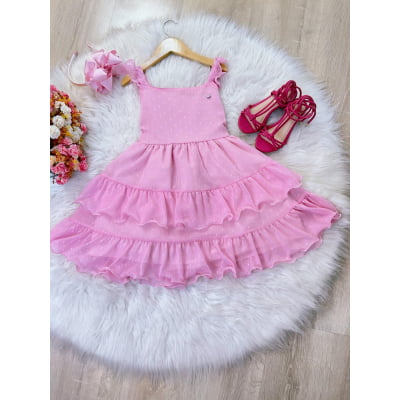 Vestido Infantil Primavera Verão Rosa Bebê Saia C/ Babado