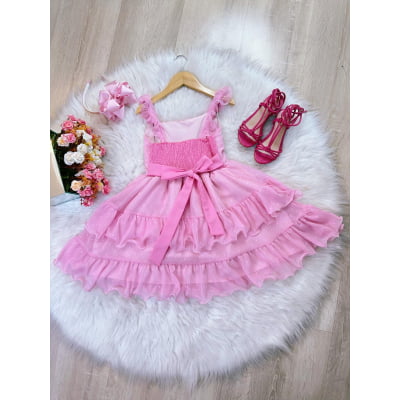 Vestido Infantil Primavera Verão Rosa Bebê Saia C/ Babado