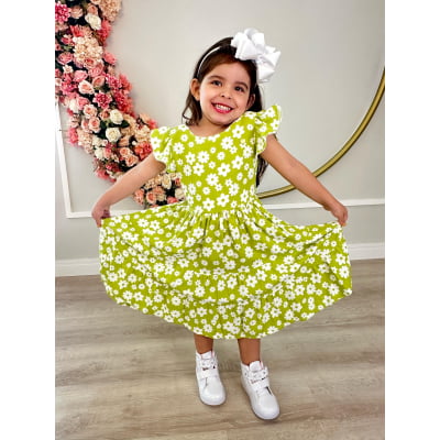 Vestido Infantil Primavera Verão Verde Lima C/ Margaridas Casual Vestido Infantil Primavera Verão Verde Lima C/ Margaridas Casual