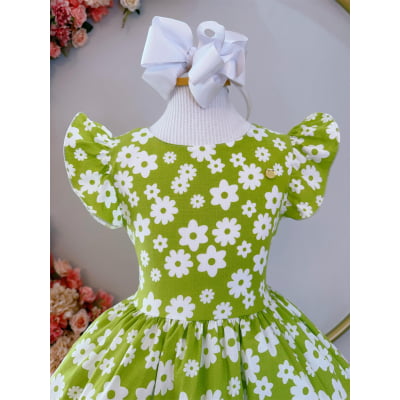 Vestido Infantil Primavera Verão Verde Lima C/ Margaridas Casual